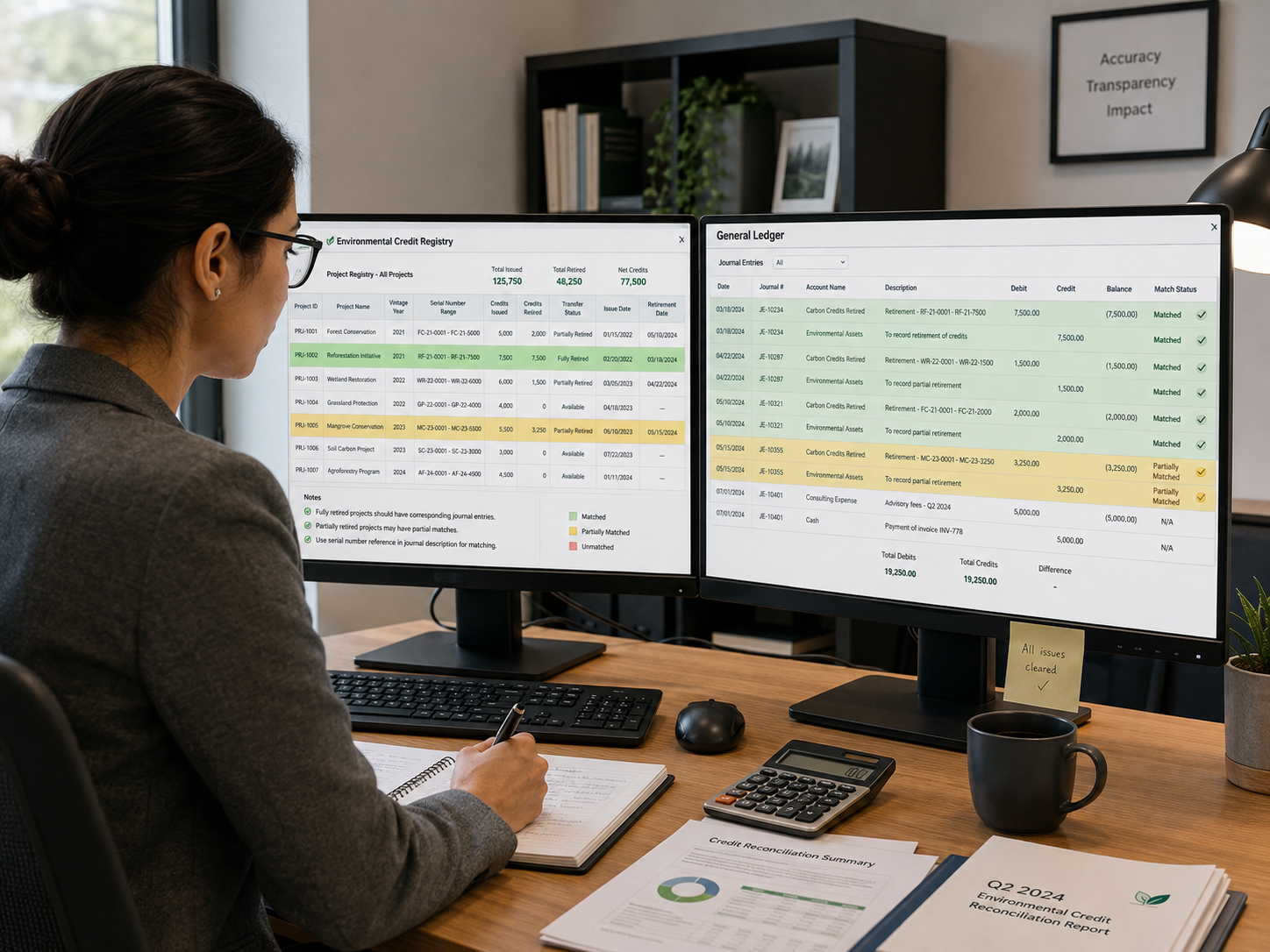An analyst reconciling environmental-credit registry records against general-ledger data on dual monitors