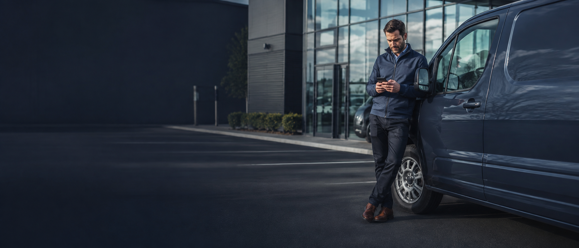 A business owner logging mileage on a phone app next to a company vehicle