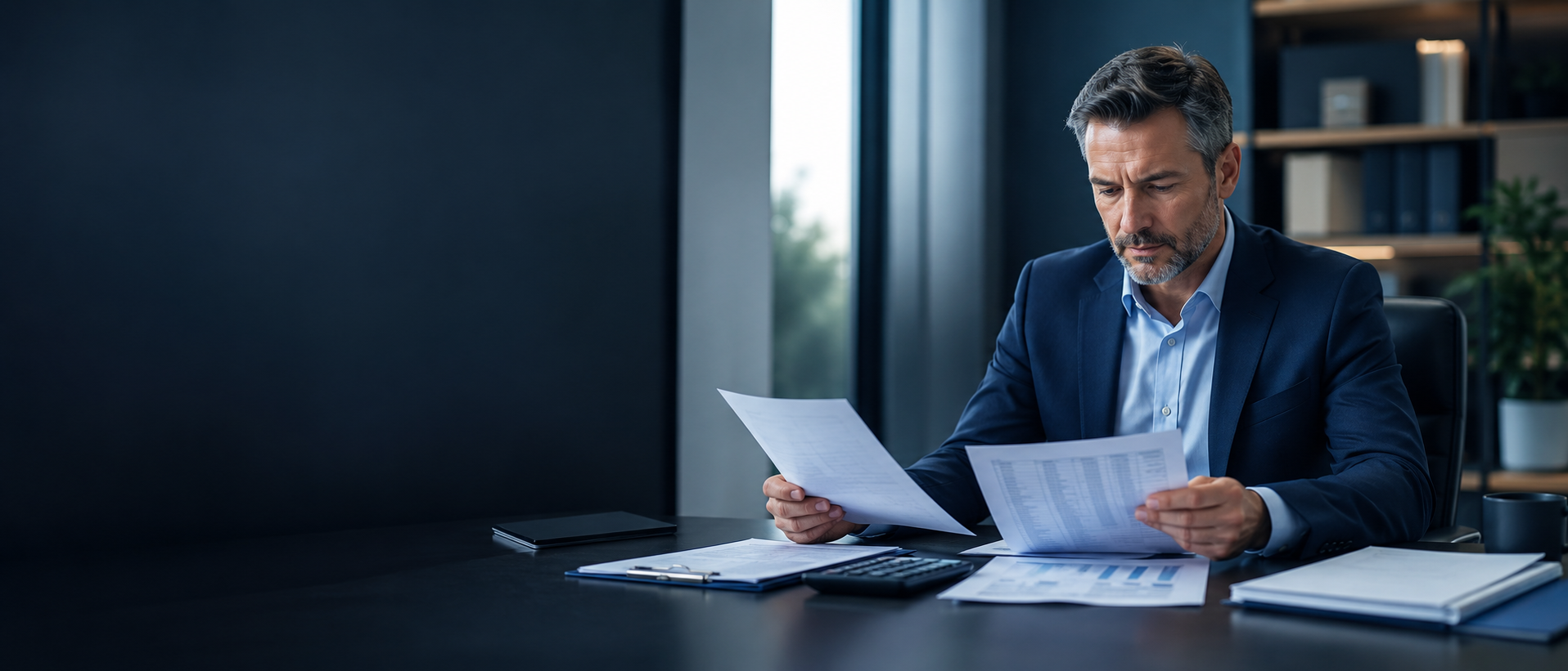 A business owner reviewing an equipment purchase invoice and fixed-asset schedule