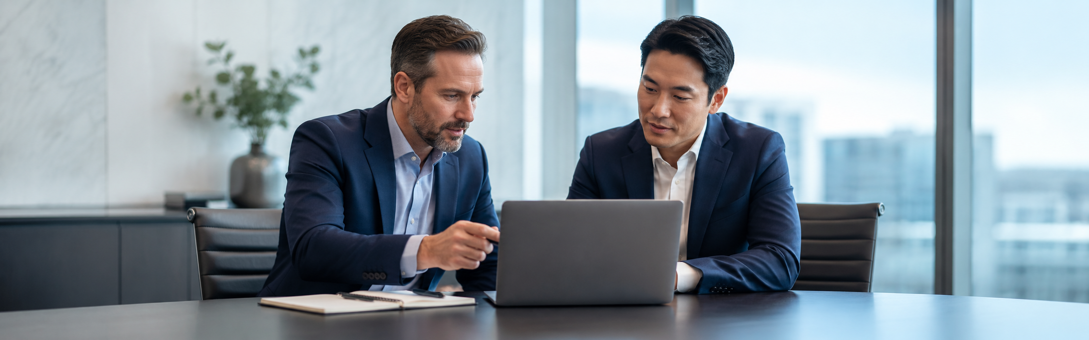 Advisor and business owner reviewing an entity-classification table on a laptop