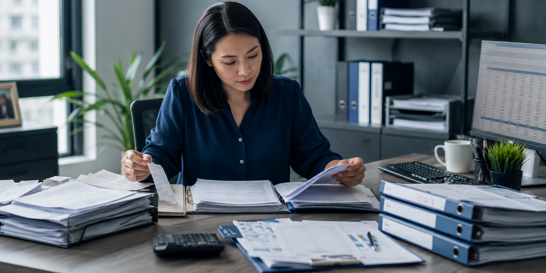Bookkeeper organizing receipts, invoices and payroll records for year-end reconciliation