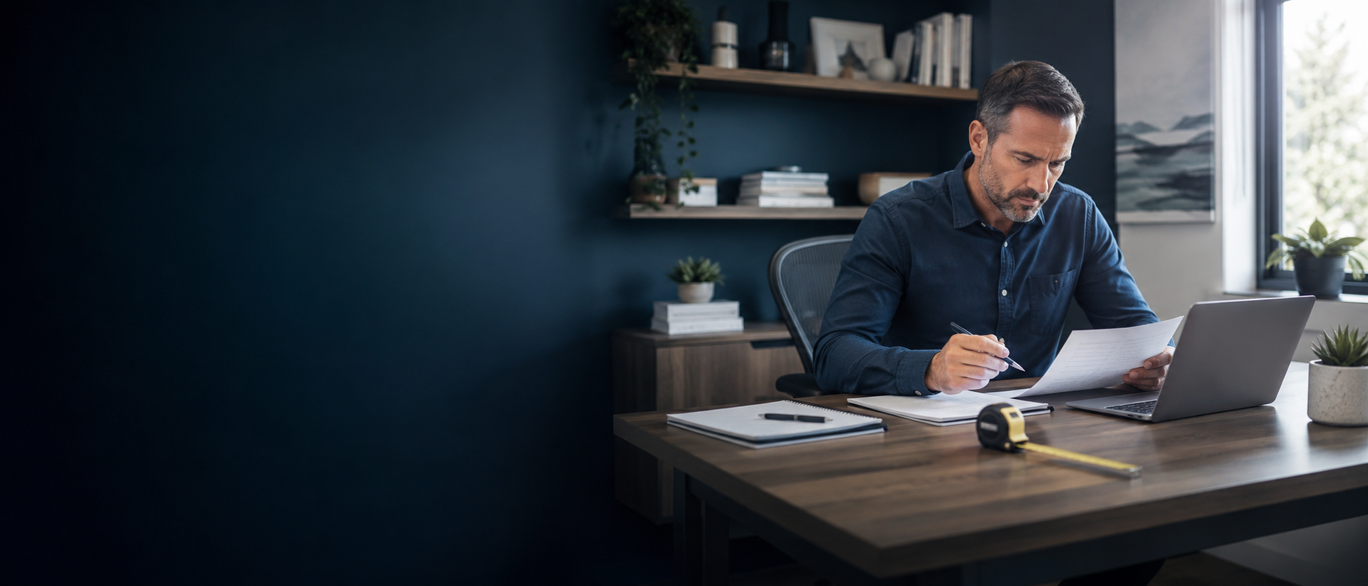 A business owner working at a dedicated home-office desk