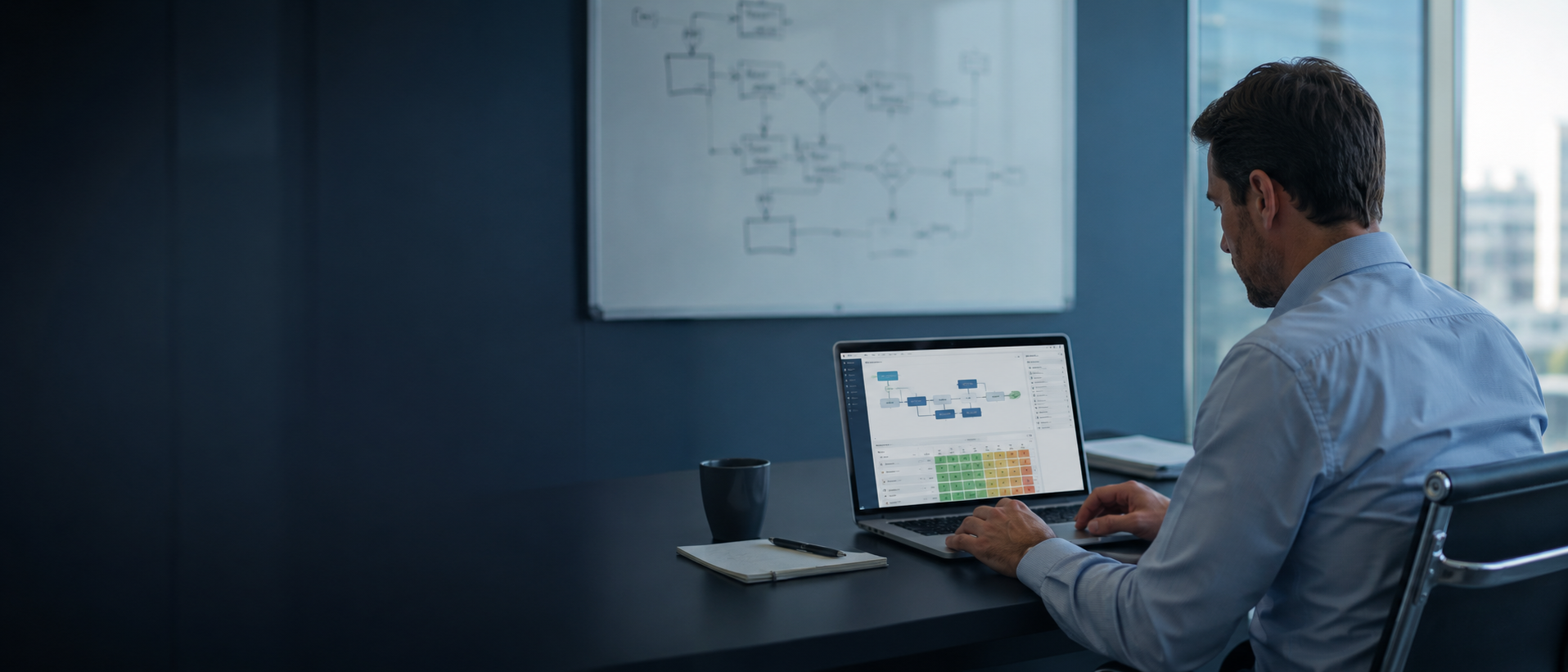 A controller reviewing an approval workflow and risk-control matrix on a laptop