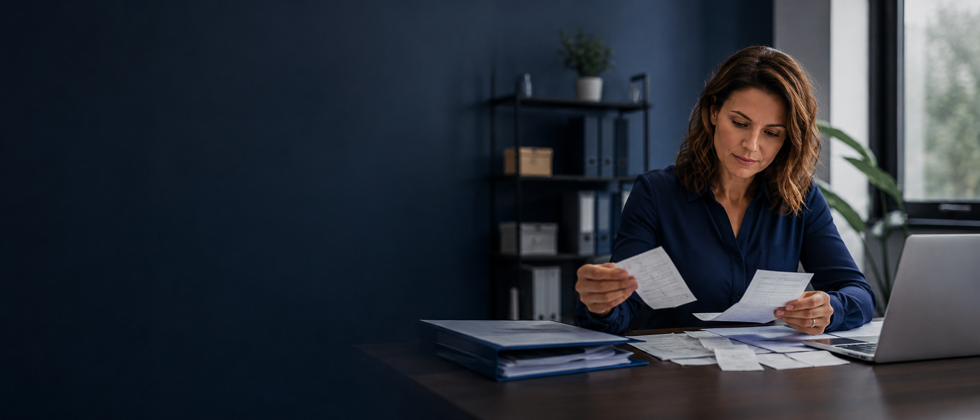 A small-business owner sorting receipts and reviewing expense records at a desk