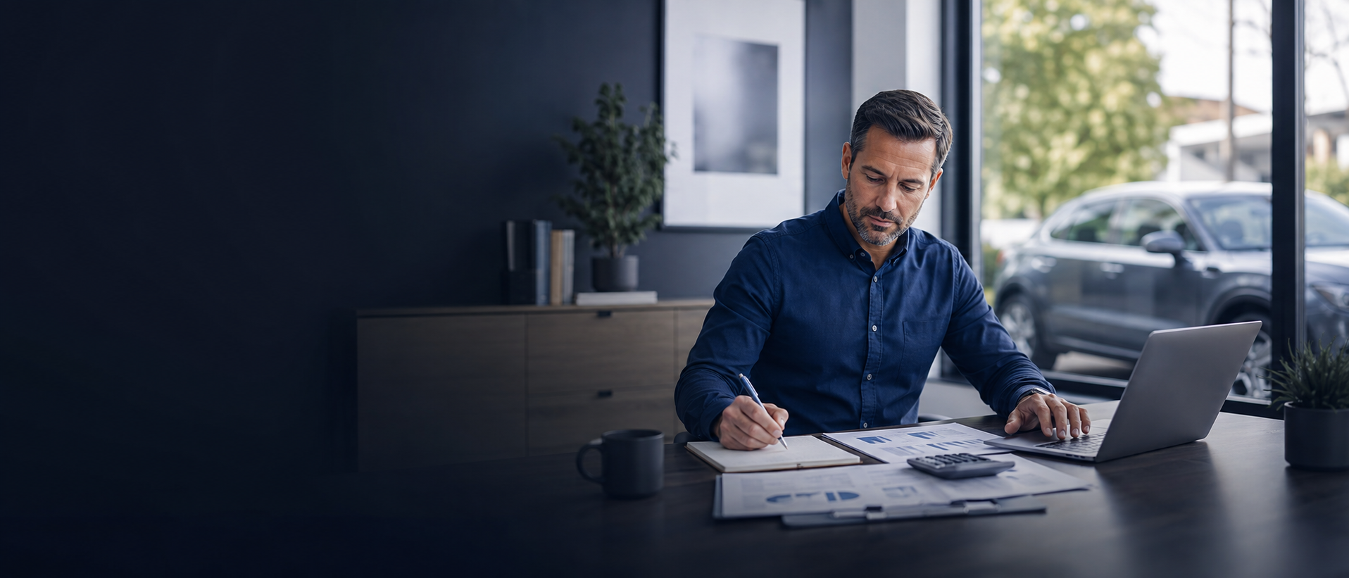 A business owner updating a mileage log and vehicle expense spreadsheet at a desk