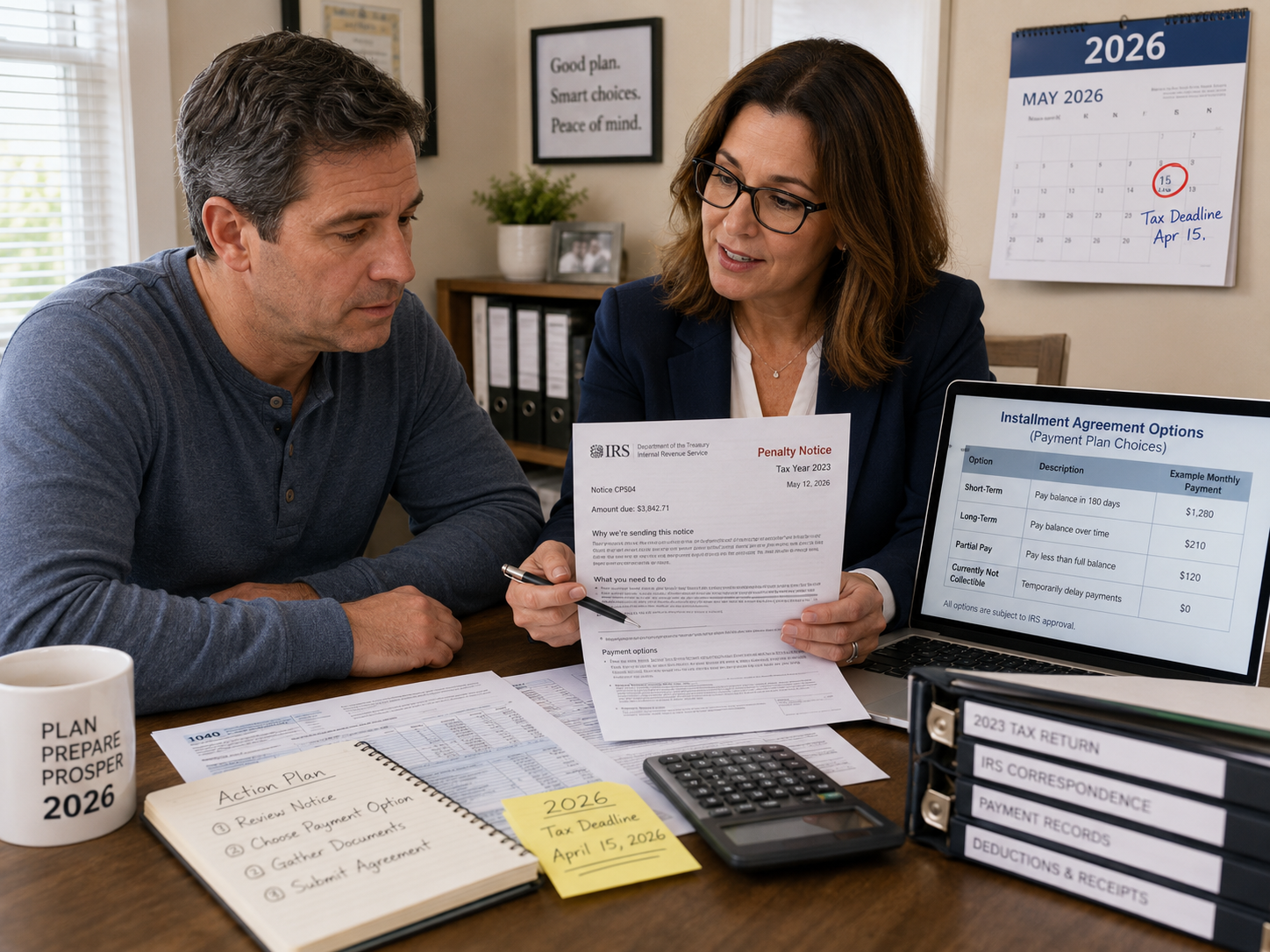 A taxpayer and advisor reviewing an IRS penalty notice and payment-plan options together at a desk