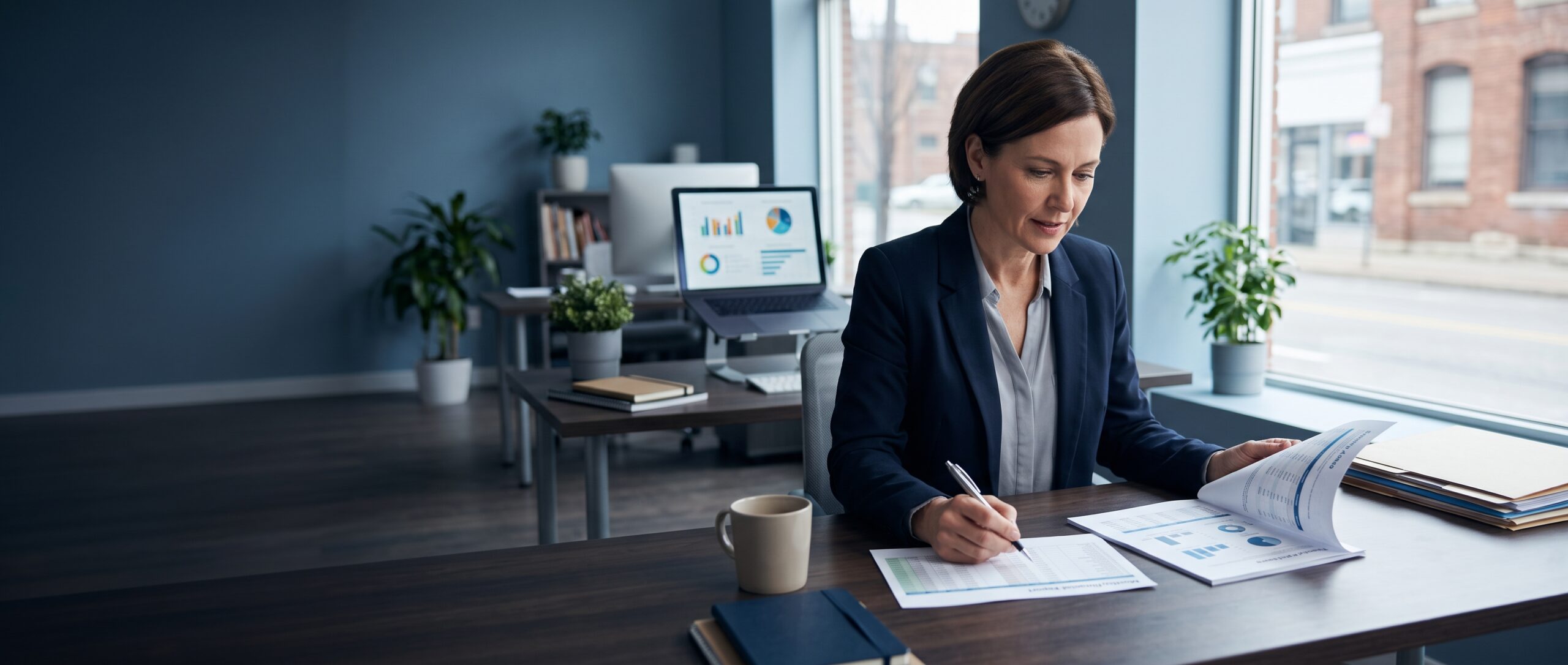 A small business owner reviewing survey data and monthly financial reports at a desk