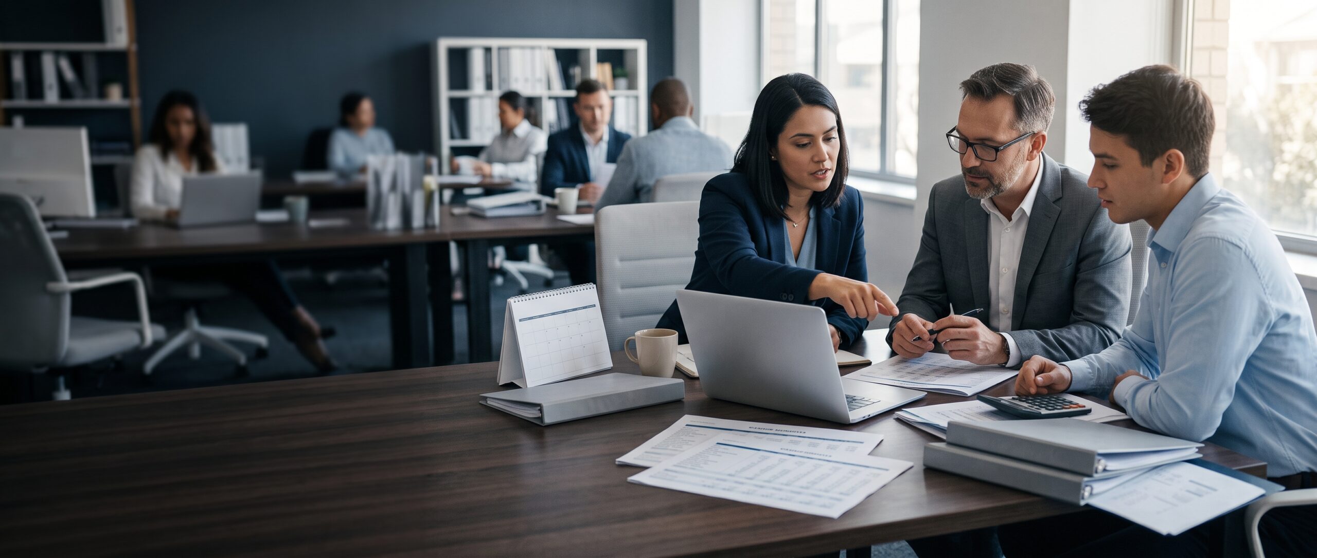An accounting team reviewing year-end reconciliations and adjusting entries