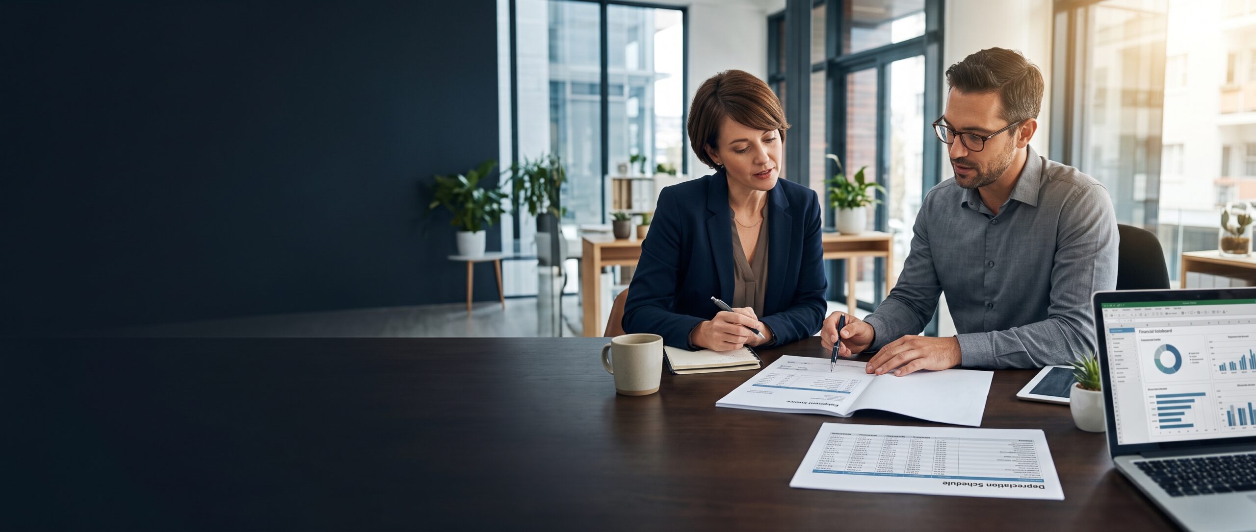 A business owner and adviser reviewing an equipment invoice and a depreciation schedule at a desk