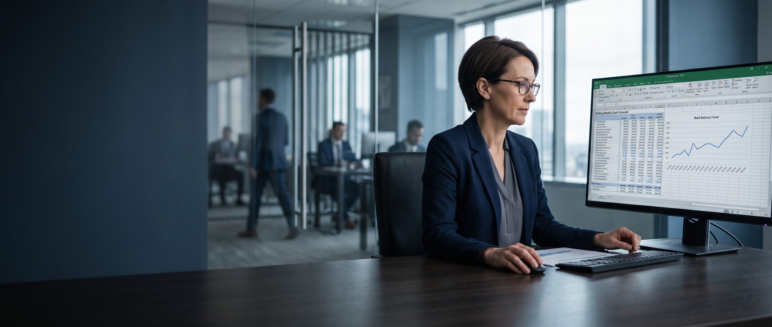 A CFO or controller reviewing a rolling 13-week cash flow forecast on a laptop