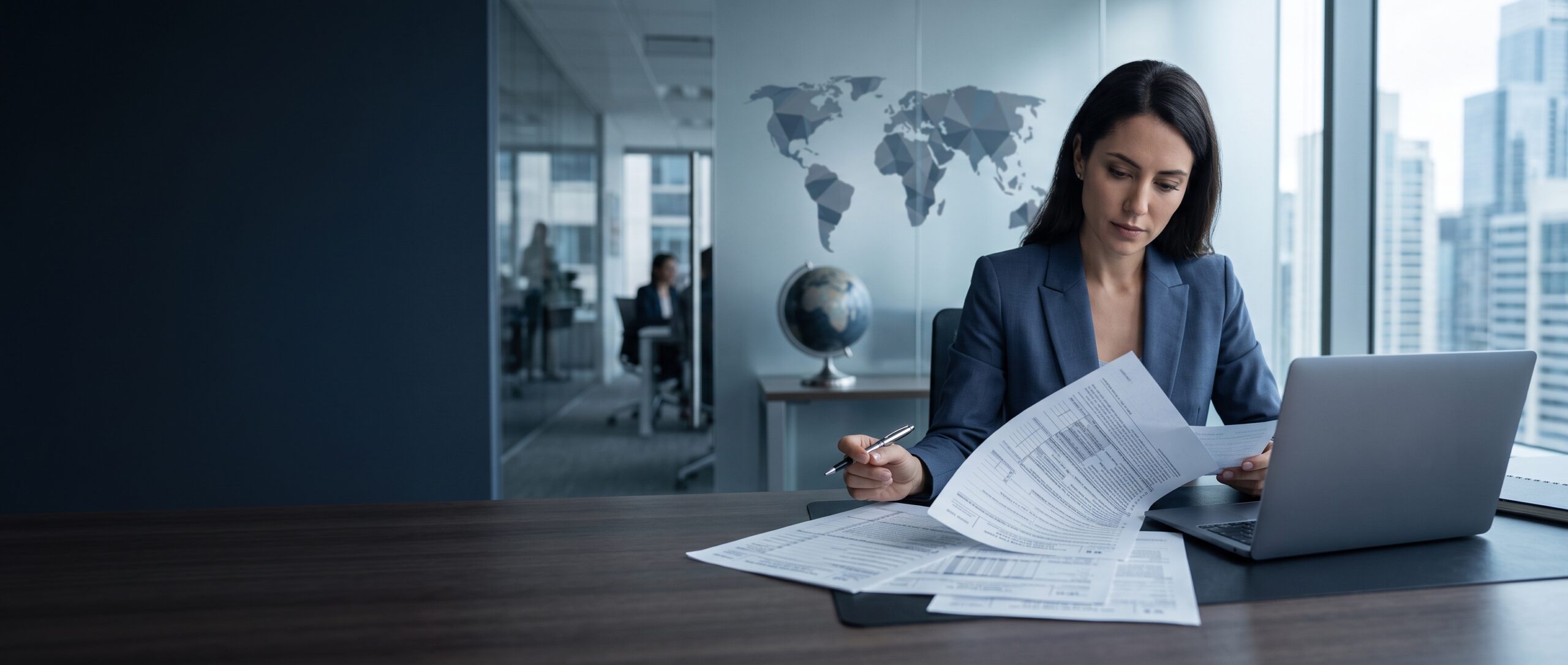 A finance professional reviewing an international vendor's tax documentation at a desk