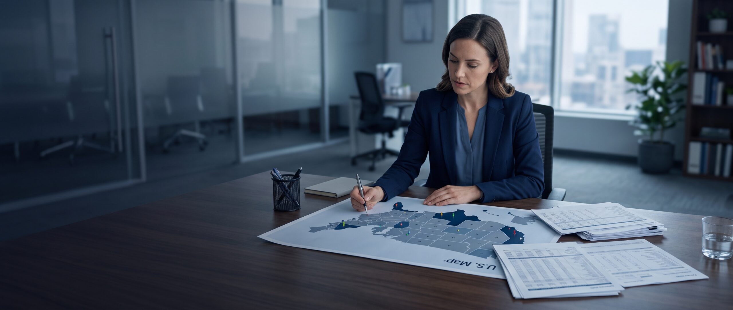 An HR or payroll professional reviewing a multi-state work location map alongside payroll documents