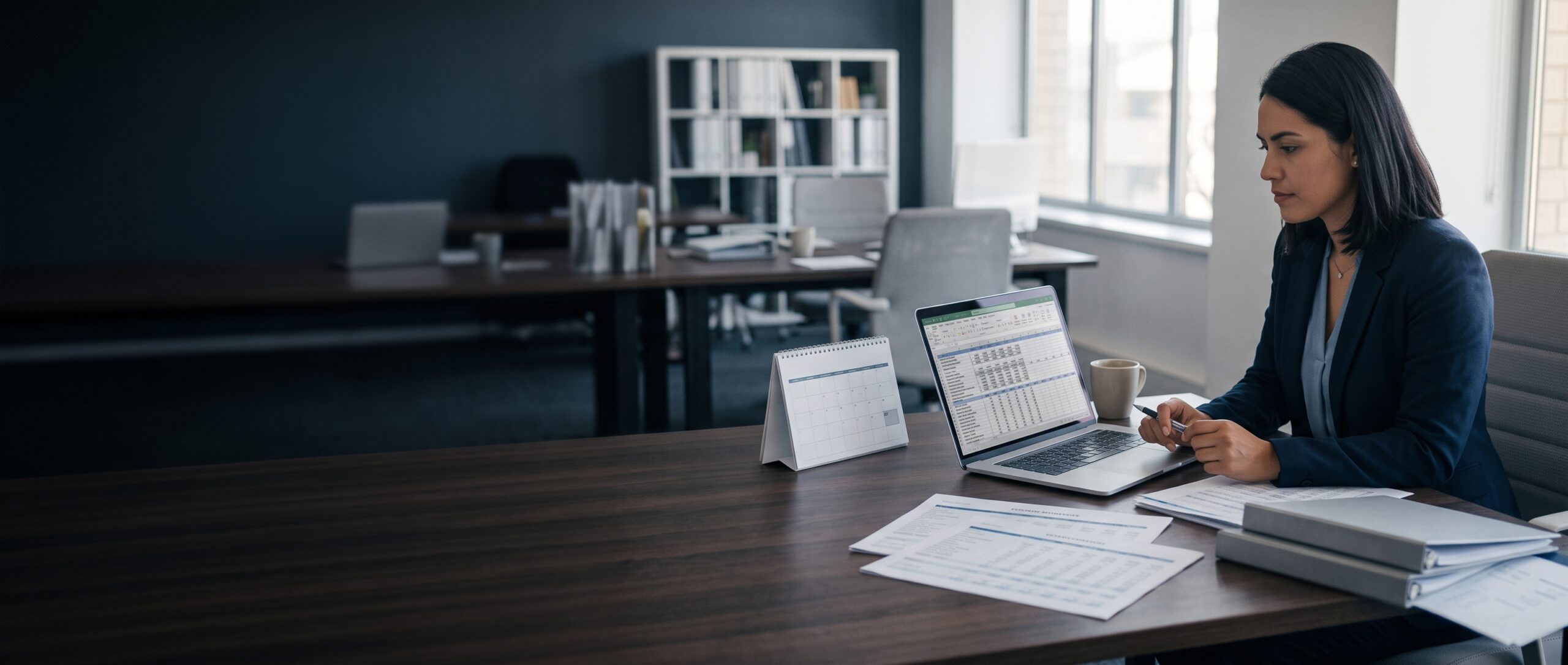 An accountant reviewing a prepaid expense schedule and accrual worksheet