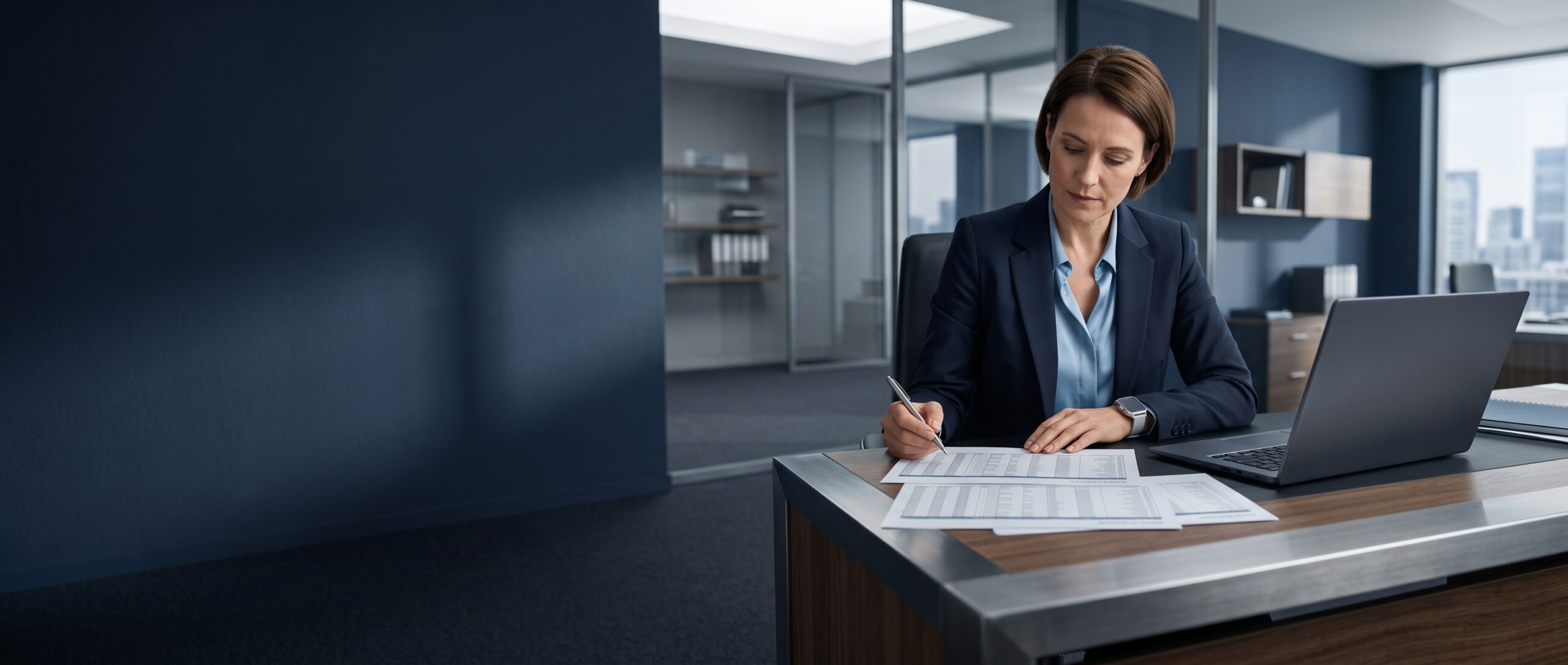 A finance manager reviewing reconciliation workpapers beside a laptop showing a ledger
