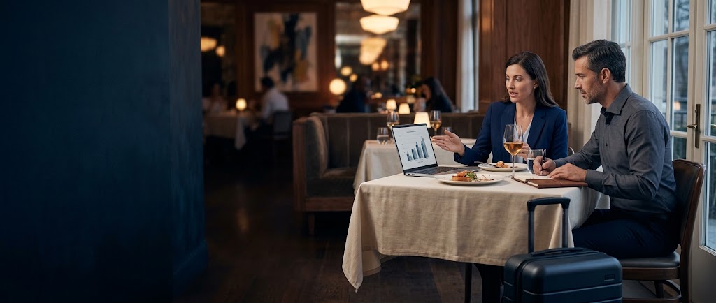 Colleagues discussing business over a meal at a restaurant table with a travel bag nearby