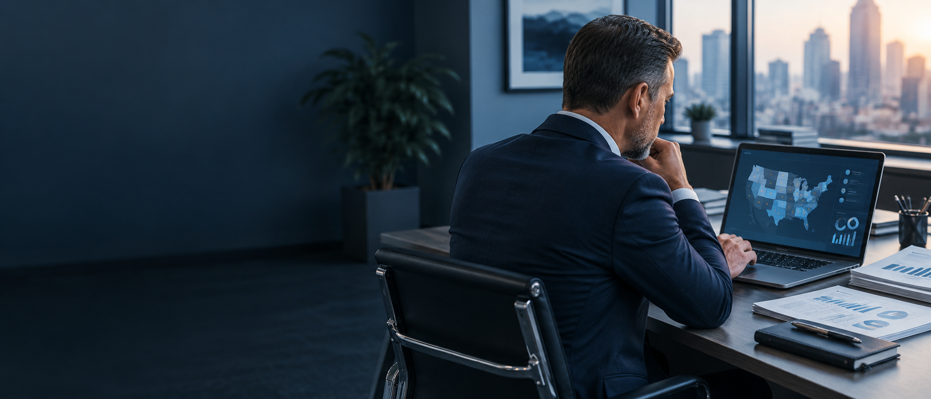 A business owner reviewing a U.S. map of state filing obligations and remote employee locations