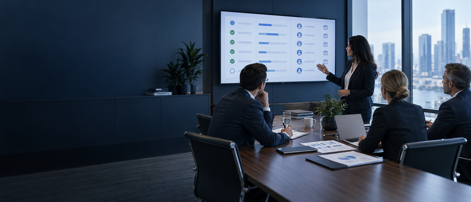 A finance team reviewing a close checklist dashboard with named owners and due dates