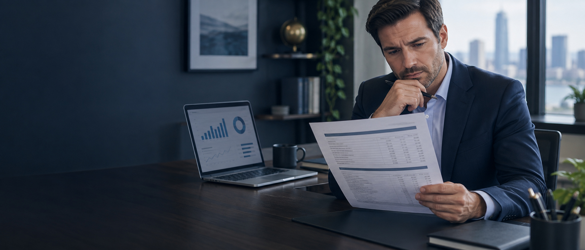 A business owner reviewing a balance sheet and asset/liability breakdown