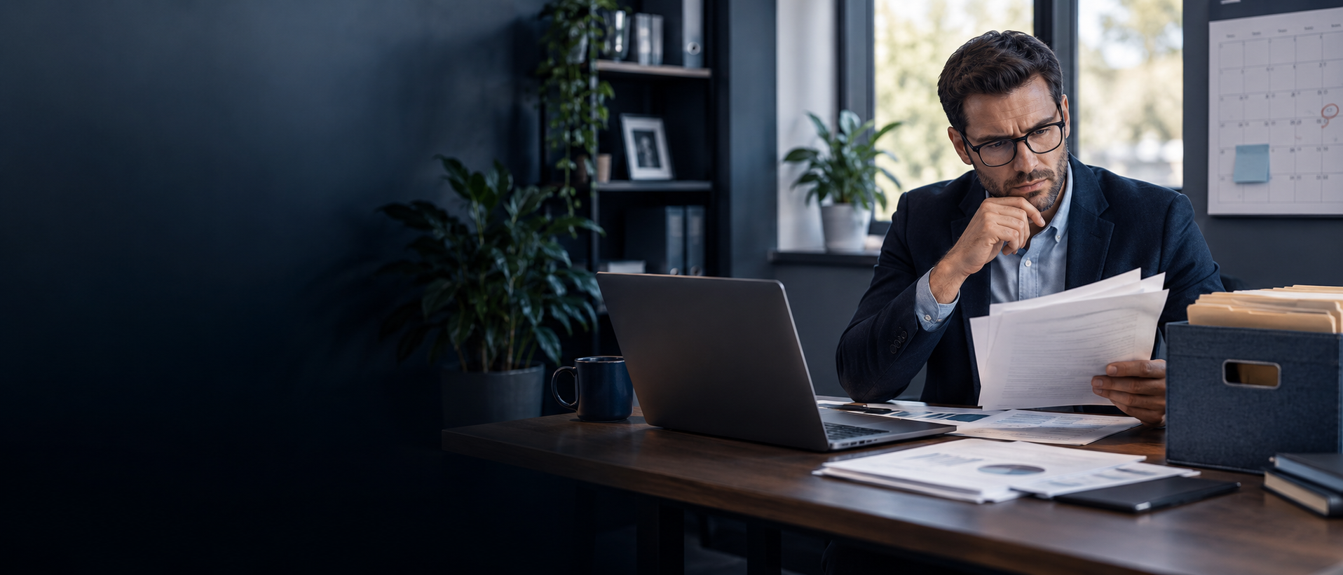 A business owner reviewing old tax returns and filing dates on a calendar