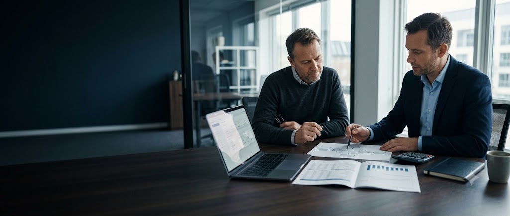 An adviser and client reviewing a relationship map and investment documents at a desk