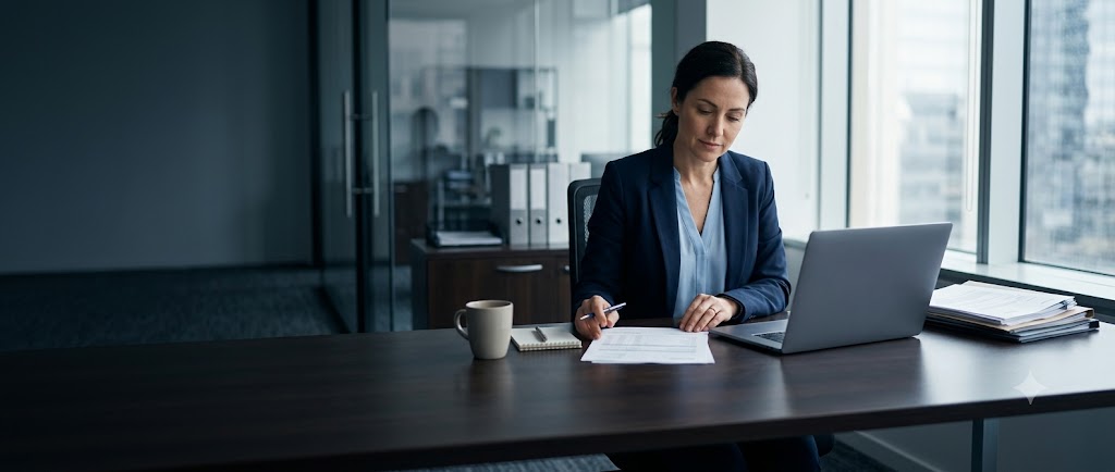 A finance professional reviewing an itemized professional-services invoice at a desk