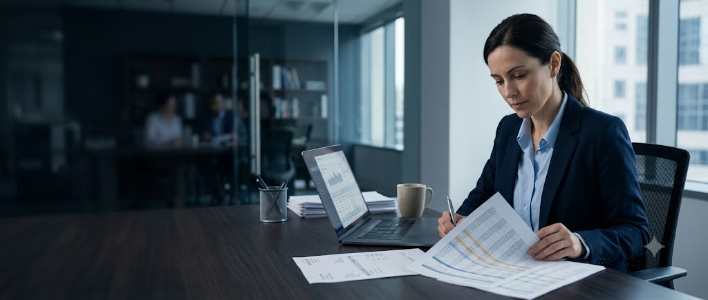An accountant reviewing an accounts-receivable aging report beside an overdue invoice