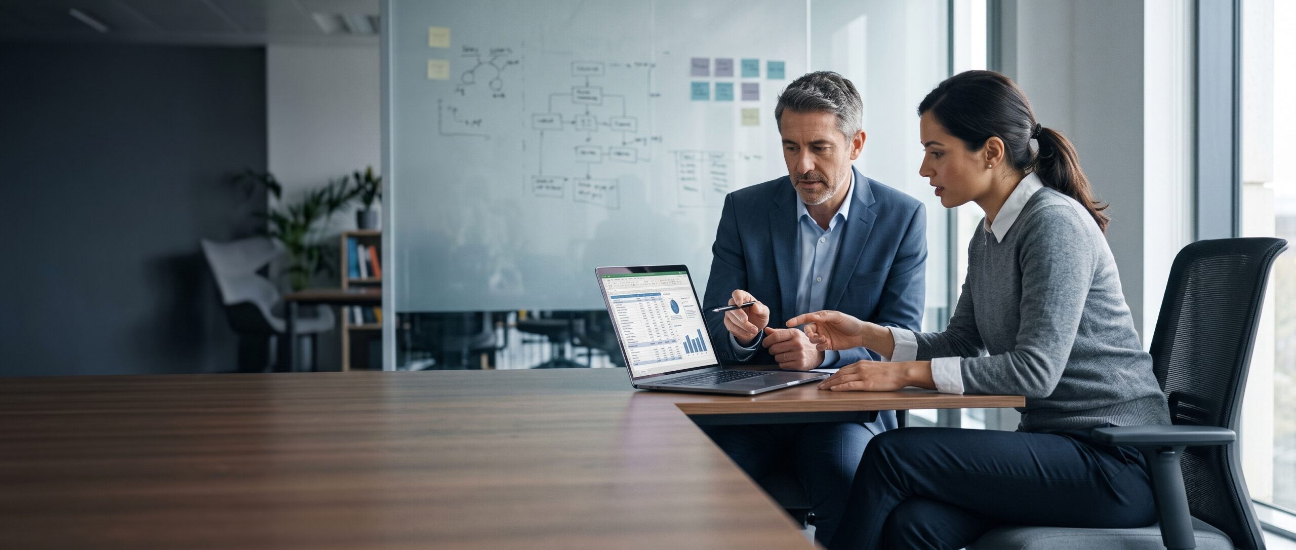 A tax adviser and a software engineer reviewing an AI development project's cost breakdown on a laptop